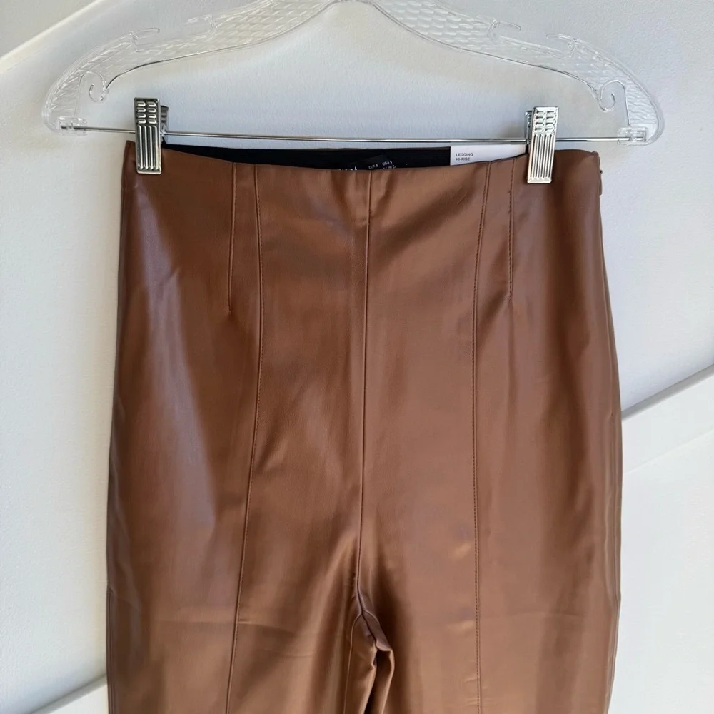 Zara Brown Faux Leather High‎ Rise Leggings w Raw Hem size S - Picture 7 of 15